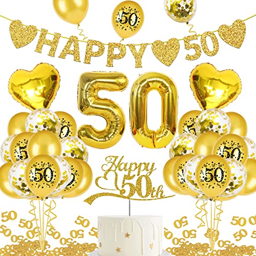 Goldene Hochzeit Deko, - "HAPPY 50" Banner, Zahl Foil Luftballons und Latexballon, Gold Zahl 50 Konfetti, Cake Topper für Jubiläum Hochzeit Deko, 50. Geburtstag Deko (goldene hochzeit)