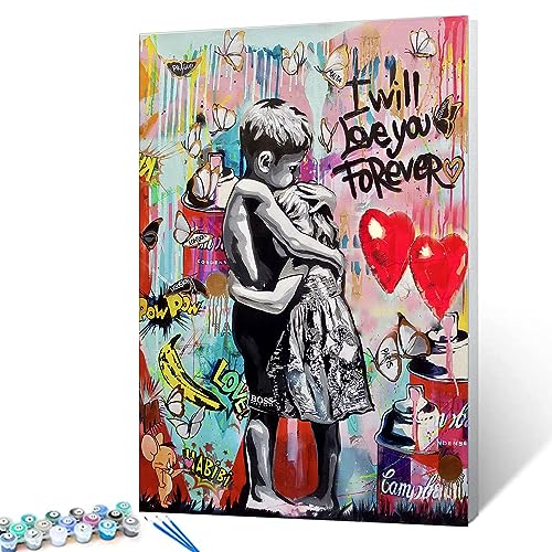 Painting by Numbers Banksy Graffiti Pictures Little Boy and Girl Street Paintings Colorful Pop Wall Art DIY Oil Painting Kits on Canvas with Brushes and Acrylic Pigment 16x20inch (Frameless)