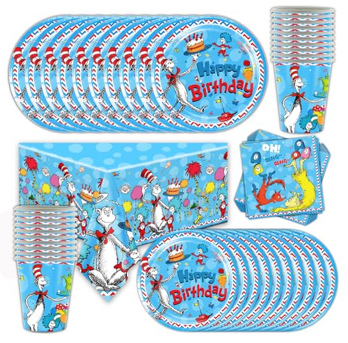 Cartoons and Comics Partygeschirr Set,Geburtstagsfeier Dekoration,Dr.Seuss Partygeschirr，Teller, Tasse, Tischdecke, Serviette, Kinderfeier Geeignet für 20 Personen