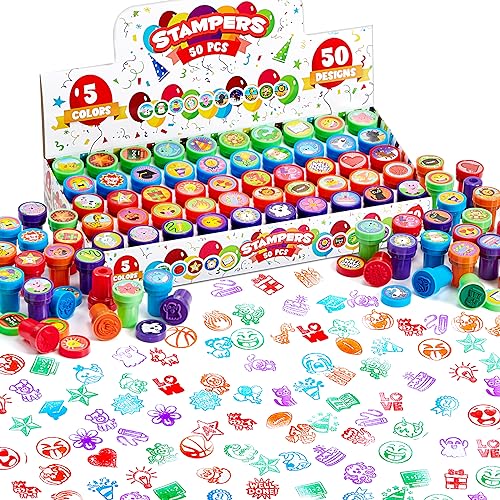 JOYIN 50 Stück sortierte Stempel für Kinder – selbstfärbende Stempel mit 50 verschiedenen Designs für Geburtstagsparty, Karnevalspreise, Schulstempel, Goodie Bag, Halloween, Weihnachten