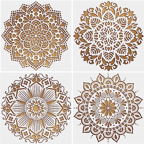 4 Stück Groß Mandala Schablonen, Mandala Wand Schablonen, Schablonen Zeichnen Set, für Scrapbooking Zeichnung Verfolgung DIY Möbel Boden Dekor Wände Fliesen Holz Stein Scrapbook Tagebuch Home