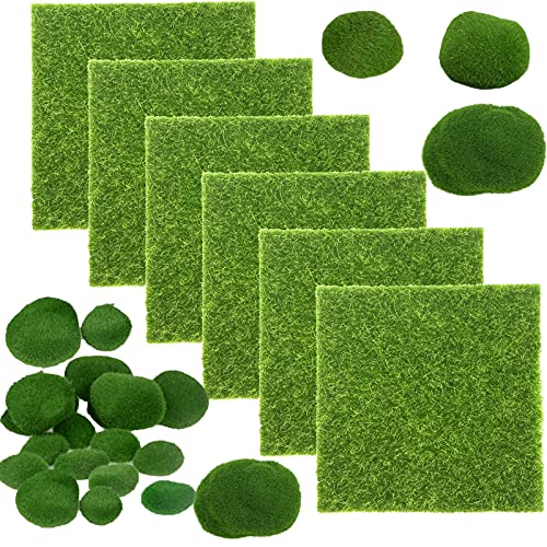 jenich 6Pcs Kunstrasen+14Pcs Künstliche Moos künstliche Rasen Matte Künstliche Moos Steine Mooskugel Deko für Miniatur Ornament Mini Garten Puppenhaus Terrarien Basteln