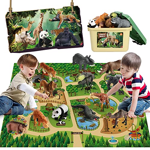 Mini Tudou 12 Stücke Safari Tiere Spielzeug Tierfiguren mit 145x98cm Aktivität Spielmatte,Realistischte Wildtier Figuren mit Löwe,Panda,Tiger,Nilpferd,Giraffe,Elefant für Kinder Jungen&Mädchen