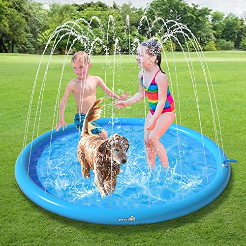 pecute Sprinkler Wasser-Spielmatte Splash(150 * 150 * 15cm), Sprinkler für Hunde Spritz wasserspiel Matte, Splash Pad mit rutschfeste einstellbare Wasserhöhe Blau,L