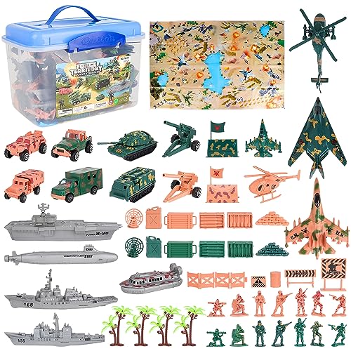 deAO 56-teiliges Militärarmeespielset mit Spielkarte, Spielzeugsoldaten, Militärfahrzeugen, Flugzeugen und Schlachtfeldzubehör inklusive - ein großer Spaß für Kinder