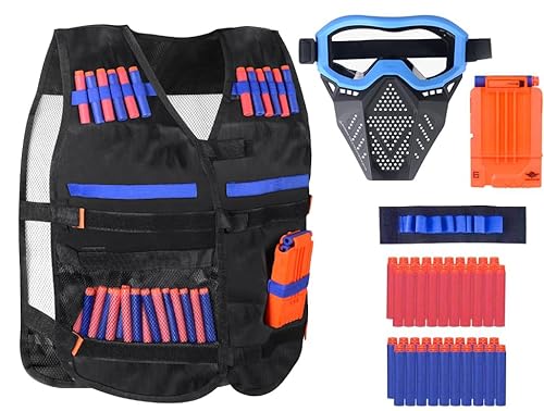 OFUN Taktische Weste für Kinder 44pcs, Taktische Jacke Set für Nerf Guns N-Strike Elite beinhaltet Weste mit 40Pcs Darts Bullets 1 Nerf Weste 1 Schnellverschlussclips 1 Gesichtsschutz 1 Armband