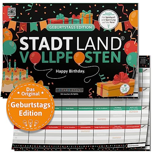 DENKRIESEN - Stadt Land VOLLPFOSTEN® - Geburtstags Edition - Happy Birthday. | Spielblock | Geburtstagsgeschenk | Familienspiel | Stadt Land Fluss