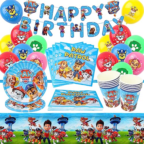 Paw Dog Partygeschirr Set, 62Pcs Paw Dog Geburtstag Deko, Paw Dog Pappteller Set, Paw Dog Luftballon, Tischdecke, Teller, Servietten, Becher, Banner (A)