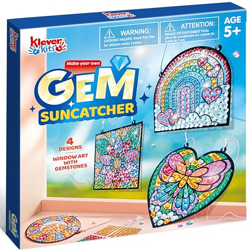 Klever Kits Suncatcher Bastelsets für Kinder,Sonnenfänger Fenster-Edelstein-Kunstset mit 4 Themen,DIY Diamant Malset,Diamond Painting Set,Kunsthandwerk Geburtsta Geschenke für Mädchen 5-12 Jahre