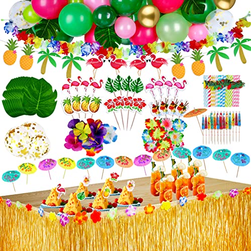 FYEPAGU 146 Stück Hawaii Party Dekoration Set mit Dekoration Ballon, Hawaii Luau tischröcke, Banner, Künstliche, Palmenblätter, Kuchendeckel, 3D Fruchtstrohhalme für BBQ Tropischen Garten Party Deko