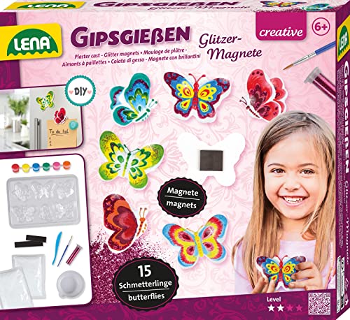 Lena 42707 Gipsgießen Set für 15 Glitter Schmetterling-Magnete, Gussform Gipsfiguren mit 6 Butterfly-Formen, Gips, Malfarben, Pinsel, Glitzer und Magnetstreifen, Bastelset Kinder ab Jahren, Mittel