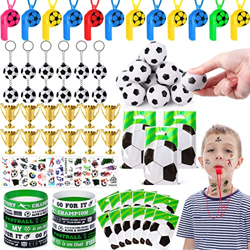 Mishopy 84Stück Fußball Party Mitgebsel Kinder Trillerpfeife Flummi Schlüsselanhänger Trophäen Tattoo Aufkleber Silikonarmband Partei Geschenk Taschen Mitgebsel Fussball Geschenke Jungen