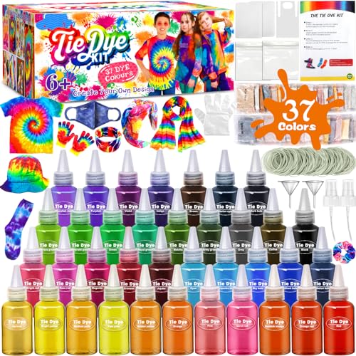 ZLPBAO Batikfarben Set für Kinder, 37 Farben Kreative Bastelspiele Tie Dye Kit, Tie Dye Kit für Kleidung, Spiele und Aktivitäten, Alles-in-Einem Batik-Set Ideales Kunst für Kinder von 10-12