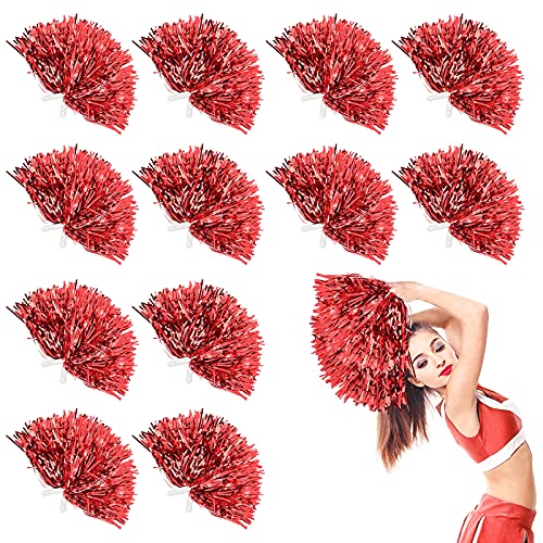 LINYAPRY 24 Stk Metallisch Cheerleading Pompons zum Kinder, Cheerleader Jubeln Pom Poms mit Schlagstockgriff, Jubelnde Truppe Handblume zum Erwachsene Mannschaft Geist Sport Spiel Tanzparty (Rot)