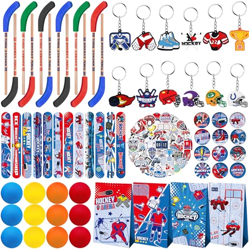 113 PCS Hockey-Partygeschenke-41 Hockey Aufkleber, 12 Goodie Taschen, 12 Button Abzeichen, 12 Slap Armbänder, 12 Kugeln, 12 Bleistifte, 12 Schlüsselanhänger für Eishockey, Sport, Party, Zubehör