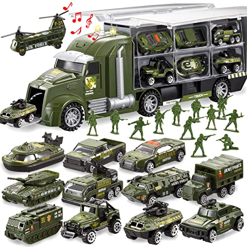 JOYIN 25-in-1 Druckguss-Militär-LKW-Spielzeugset mit Spielzeugsoldaten, Armeefahrzeug Spielzeug im Transporter mit Lichtern und Geräuschen, Kindergeburtstagsgeschenke für Jungen ab 3 Jahren (grün)