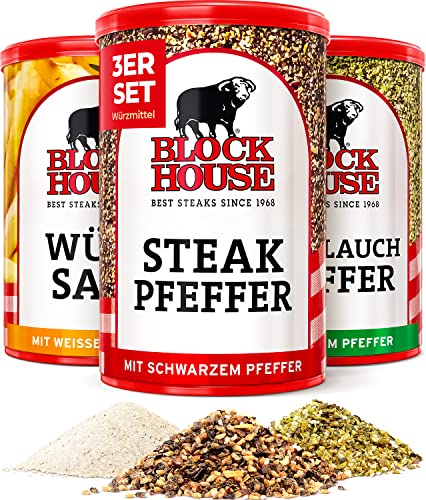 Block House Steak Pfeffer mit schwarzem Pfeffer, Würzsalz mit weissem Pfeffer, Knoblauchpfeffer mit grünem Pfeffer