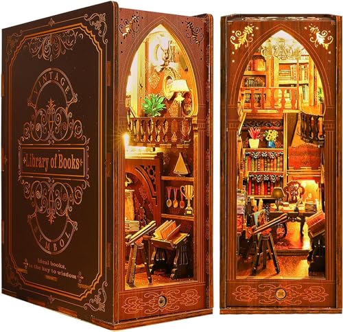 Quanquer DIY Book Nook Bibliothek Kit_Puppenhäuser Holz Miniatur Haus Kit mit Möbeln und LED-Licht, 3D Holzpuzzle Book Nook Kit, Modellbausätze für Personen über 14 Jahre Kreatives Geschenk