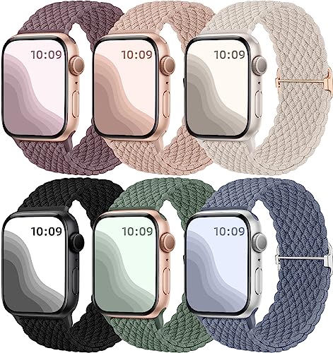 Maledan 6 Stück Geflochtenes Solo Loop Armband Kompatibel mit Apple Watch Armband 40mm 41mm 38mm Damen Herren, Elastisches Nylon Sport Dehnbarer Ersatzband für iWatch SE Series 9 8 7 6 5 4 3 2 1 Ultra