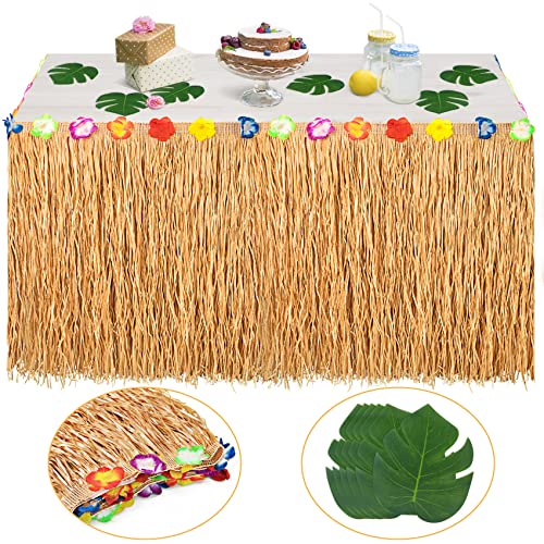 YHmall Hawaii Luau Tischröcke Party Deko (9.2X2.5ft), Tischdecke mit 30 Mehrfarbe Blumen und 6 Künstliche Palmenblätter, für Sommer Garden Beach Tiki Party Dekoration (Gold) MEHRWEG