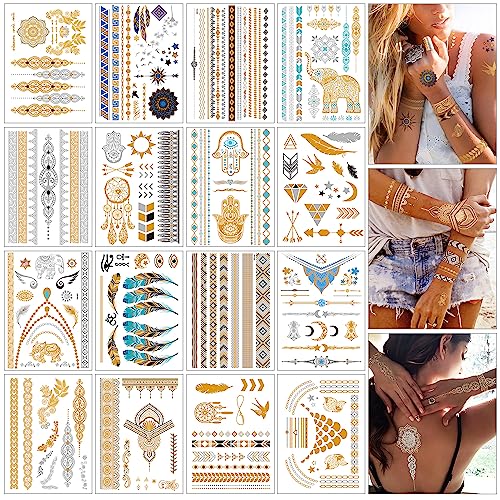 Flash Tattoos, Temporäre Klebe-Tattoos 16 Blätter Metallic Flash tattoos in Gold, Silber & Schwarz Temporäre Tätowierung Wasserdichte, Das perfekte Festival & Party Accessoire.