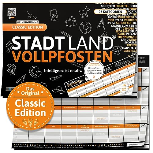 DENKRIESEN - Stadt Land VOLLPFOSTEN® Classic Edition - 'Intelligenz ist relativ' - A4 | Partyspiel | Familienspiel | Stadt Land Fluss | Spielblock | Geschenkidee