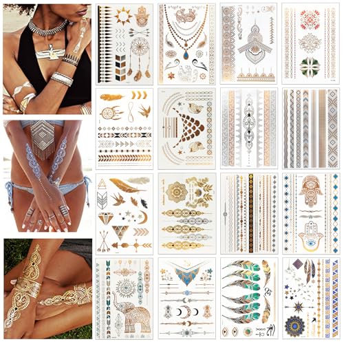 LUZOON Festival Tattoos Gold Tattoo 16 Blätter 140+ Tattoos Festival Gadget Tattoos Golden Metallic Flash Tattoos Wasserdichte Temporäre für fasching und Party Accessoire