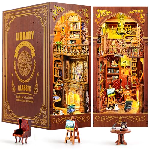 RONSTONE DIY Book Nook Kit_Salbei Bibliothek Puppenhaus Booknook Bücherregaleinsatz Decor Alley mit herausnehmbarem Bücherregal,DIY Miniatur Haus Kit mit Led Licht für Erwachsene Jugendliche 14+