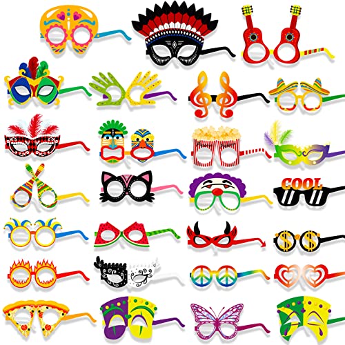 DPKOW 27pcs Lustige Karneval Party Brillen Maske, Papier Spaßbrille für Halloween Karneval Kostüm Zubehör Gastgeschenke, Partybrille für Geburtstag Maskerade Mexikanische Fiesta Fotoaccessoires