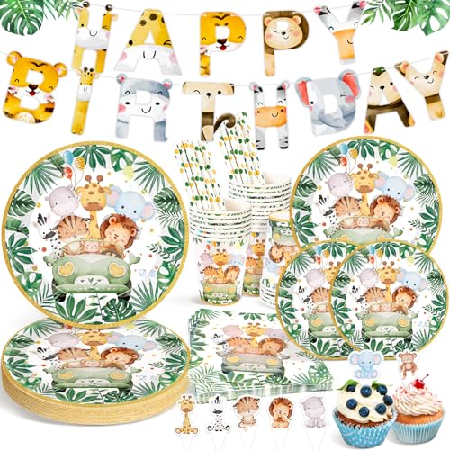 Ophy Dschungel Safari Partygeschirr Set,134 Stück Wild One Geburtstag Deko Partygeschirr Set mit Tier-Geburtstagsbanner, Papptellern, Servietten, Bechern,Geburtstagsdeko Partygeschirr Set für 25 Gäste