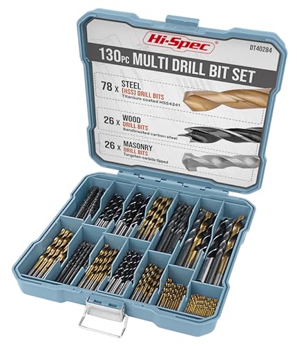 Hi-Spec 130 tlg. Bohrer Bit Set in 8 Größen von 1mm bis 10mm. HSS-Titan-, Mauerwerks- und Brad-Point-Bitsatz für Metall, Holz, Kunststoff, Ziegel und Beton. Satz in einem Aufbewahrungskoffer