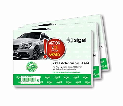 SIGEL T1179 Fahrtenbücher für PKW, 3er Set (3xFA614: A6 quer, 80 Seiten) - für Deutschland und Österreich, vom Finanzamt anerkannt, aus nachhaltigem Papier