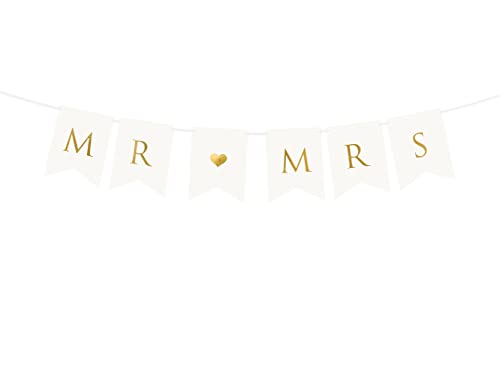 PartyDeco Girlande Mr and Mrs 15x85cm Banner mit Herz Papiergirlande Hochzeit Hochzeitsdeko weiß Gold