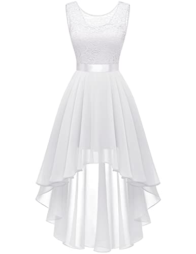 Berylove Damen Kleid für Hochzeit Weiß Brautjungfernkleid Spitzenkleid Elegant Vokuhila Cocktailkleid Ärmellos Abendkleid BLP7035 White M