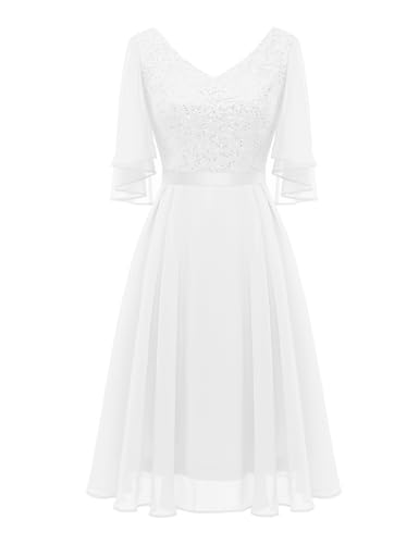 Dressystar Damen Hochzeitskleid A Linie Glitzer Kleid Damen Party Pailletten Schalärmel V-Ausschnitt Kurz Brautkleider Hochzeit Weiß L