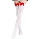 Overknees Strümpfe mit Schleife Damen, Knee High Socken dehnbar Thigh High Socks für Frauen Halloween Weihnachten Karneval Kostüm Accessoire Valentinstag Mottoparty (Weiße mit roten Schleife)