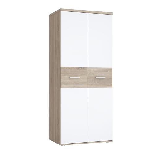 FORTE WINNIE Schrank 80, Kleiderschrank klein, Kinderzimmerschrank, Skandinavischer Stil, Drehtürenschrank 2-türig, Sonoma Eiche / Weiß, 80 cm breit x 189 cm hoch x 53 cm tief