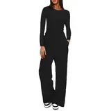 KOEMCY Zweiteiler Damen 2 Stück Tracksuit Langarm Rundhalsausschnitt Jogginganzug Sweatshirt und Weites Bein Hose mit Taschen Elegant Freizeitanzug Sportanzug (Schwarz/M)