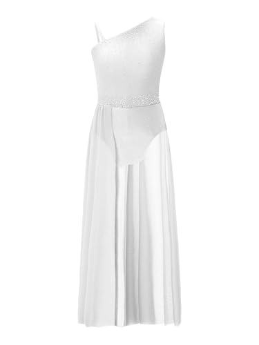 iEFiEL Mädchen Glitzer Ballettkleid Ärmellose Eiskunstlauf Kleid Kinder Lyrischer Tanzkleid mit Strasss Ballett Walzer Tango Salsa Rumba tanzbody Trikots Weiß 122-128