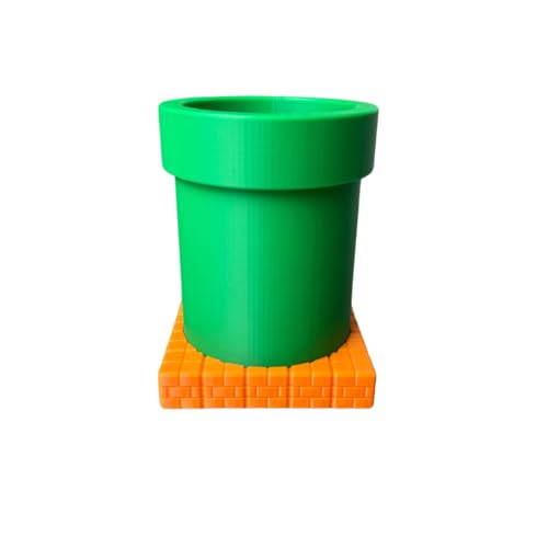 Retro Gaming Stiftehalter, Pixel-Design, 11 cm Höhe, 8 cm Durchmesser, Grün-Orange, Schreibtisch-Organizer