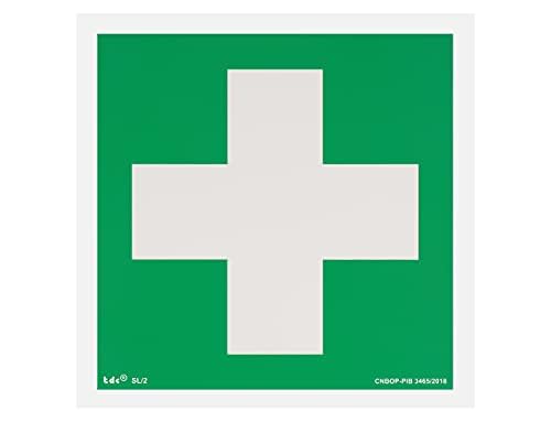 notlok Safety Work - Erste Hilfe Schild - Weißes Kreuz [ 15 x 15 cm ] | Nachleuchtende Kunststoffplatte + Aufkleber für einfache Montage | DIN EN ISO 7010 | Aufkleber Medizin, Sicherheitsschilder