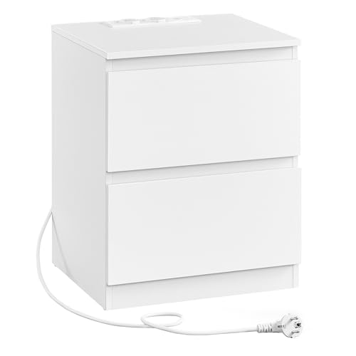 VASAGLE Nachttisch mit Steckdosenleiste, Beistelltisch, 2 Schubladen, 2 AC-Steckdosen, 1 USB-A-Anschlüsse, 1 USB-C-Anschluss, Wohnzimmer Schlafzimmer, modern, wolkenweiß LET621W02