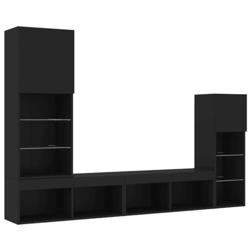 vidaXL Wohnwand 4-tlg., Schrankwand mit viel Stauraum, Anbauwand mit LED-Beleuchtung, Wandmontage Fernsehschrank Wohnzimmer Set Schrank, Schwarz Holzwerkstoff