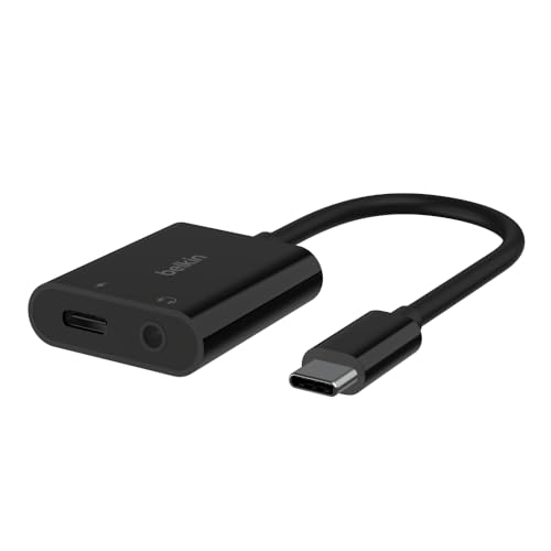 Belkin RockStar™ 3,5-mm-Audio- + USB-C®-Ladeadapter, Kopfhörer-Adapter, Schnellladen mit USB-C Power Delivery, 60 W, u. a. für iPhone 15, iPad Pro, Galaxy, Note, Google Pixel, LG, Sony Xperia, Schwarz