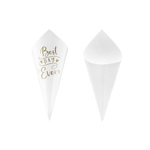 Konfetti Tüten für Hochzeit 16cm x 10 Stück - Spitztüten Papier mit Best Day Ever Aufschrift - Kegel für Hochzeitskonfetti Blumenkonfetti - Hochzeitszubehör & Hochzeitsdeko - Weiß Gold