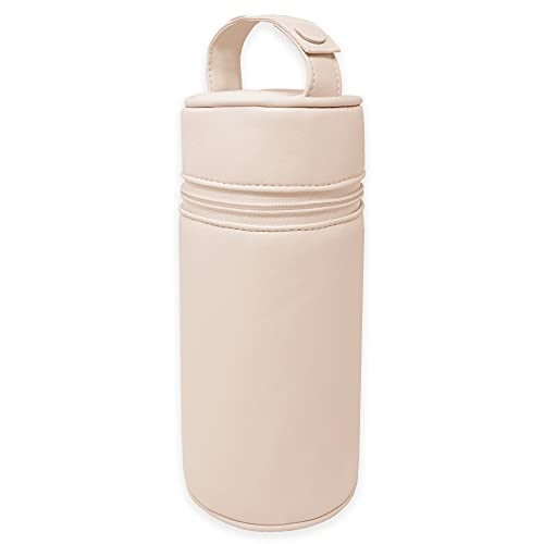 Duffi Baby Flaschenhalter, Kunstleder, Baby-Thermotasche, warm und kalt, isoliert, für Flaschen oder Thermoskanne, Reißverschluss und Griff, einfache Reinigung, Beige