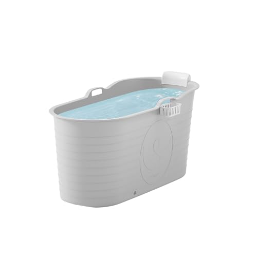 FlinQ - XXL Mobile Badewanne Erwachsene mit Badeaccessoires - 120 x 53.5 x 61 cm - Komfortable Sitzbadewanne Erwachsene zur Tiefenentspannung - Auch als Eistonne geeignet - Grau - 230 Liter