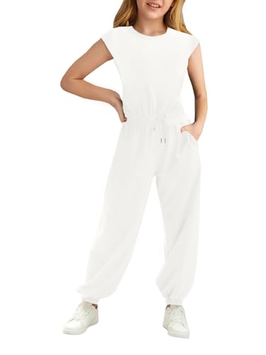 Haloumoning Mädchen Jumpsuits Kinder Mode Lange Hosen Mädchen Sommer Kurzarm Overall Casual Sport Jumpsuit, Weiß, 10-12 Jahre