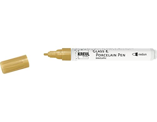 KREUL 16415 - Glass & Porcelain Pen Metallic medium, gold, formstabile Rundspitze, Strichstärke ca. 2 - 4 mm, Porzellanmalstift mit brillanter, metallischer Farbe auf Wasserbasis, lösemittelfrei