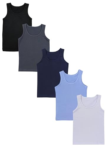 TupTam Kinder Jungen Unterhemd Ärmellos Tanktop 5er Pack, Farbe: Schwarz Dunkelblau Anthrazit Grau Blau, Größe: 128-134